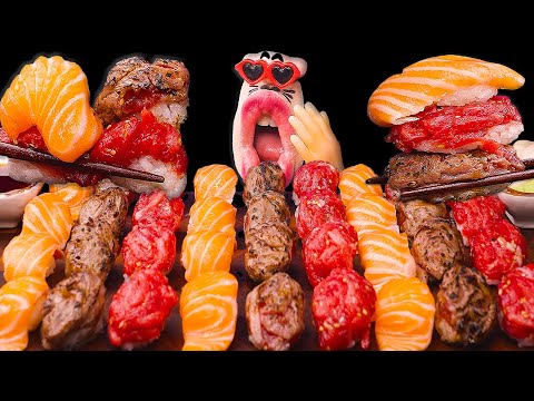 Видео: Суши с лососем, суши с говядиной, суши с юкхое! Это суши-вечеринка~ 🐟🥩🍣 ASMR Mukbang Eating Show :)