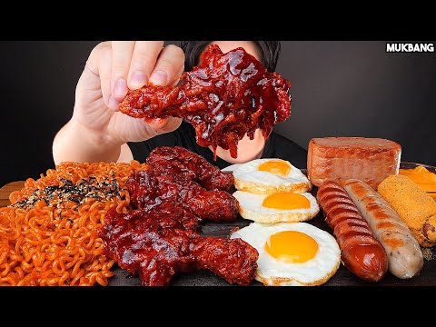 Видео: острая курица и лапша, колбаса SPICY CHICKEN 🍗 FIRE NOODLE SAUSAGE SPAM EGG EATING ASMR MUKBANG