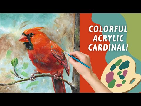 Видео: ВЕСЕЛЬЕ с КРАСНЫМИ! Акриловая картина «КАРДИНАЛ»! Картина с птицами и яркими цветами!