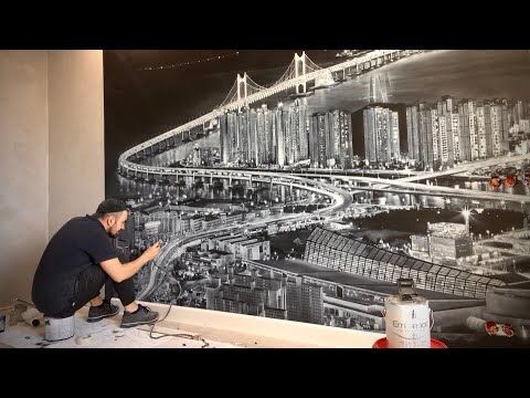 Видео: Аэрография Роспись стен Ночной город. Aerography.painting in the interior