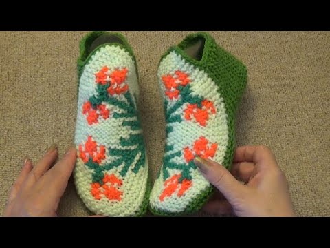 Видео: Передняя часть узора для тапочек. Как связать дальше, смотрите ссылку под видео