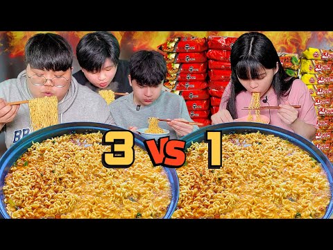 Видео: 3vs1👊Борьба за быстрое поедание 20 раменов с друзьями-младшими!  challenge mukbang