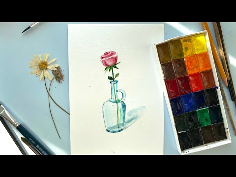Видео: Как нарисовать розу в стеклянной бутылке. Акварель для начинающих