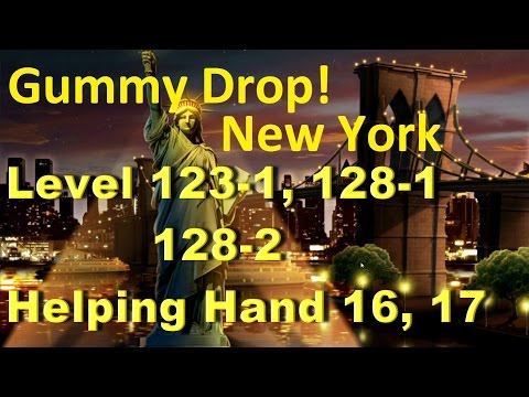 Видео: Gummy Drop! Конфетки! -  New York Level 123-1, 128-1, 128-2 Helping Hand 16,17 Walkthrough