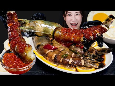 Видео: Соевые соусый гигантский тигр Шримп🦐 Сальмон Рое Мукбанг