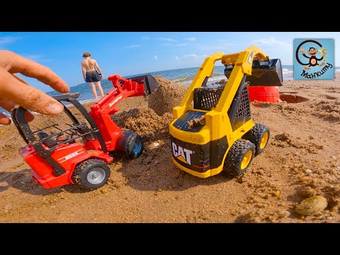 Видео: Машинки игрушки Bruder - Синий трактор, Погрузчик и Песок и Море. Манкиту