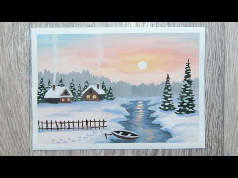 Видео: Рисуем простой зимний пейзаж с домиками гуашью