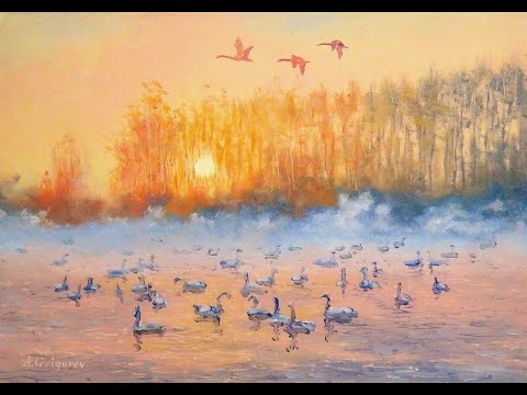 Видео: 💗 Лебединое озеро, зимовье птиц. Рисуем вместе поэтапно. Художник преподаватель Александр Григорьев