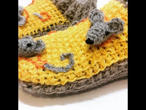 Видео: Следки тунисским вязанием одним полотном С мышками/crochet slippers