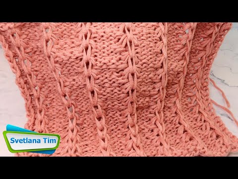 Видео: Узор Спицами Платочная Вязка и Вытянутые Петли - как связать быстро и просто № 583