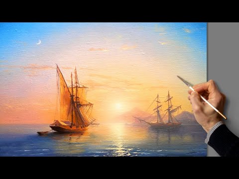 Видео: Аcrylic Landscape Painting - Morning Sea / Art / Морской пейзаж акрилом. Уроки рисования. Живопись