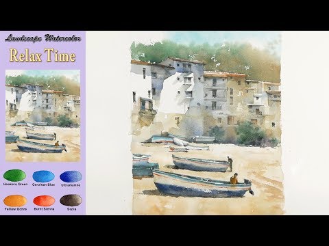 Видео: Без эскиза Пейзажная акварель - Время отдохнуть (wet-in-wet, Arches rough) NAMIL ART