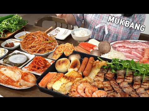 Видео: Mukbang :) Самгёпсал очень вкусный | салат из зеленого лука | Жареный сыр.