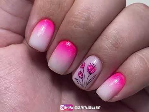 Видео: Быстрый градиент кистью и гель-лаком| Цветы на ногтях | Молочная база для ногтей