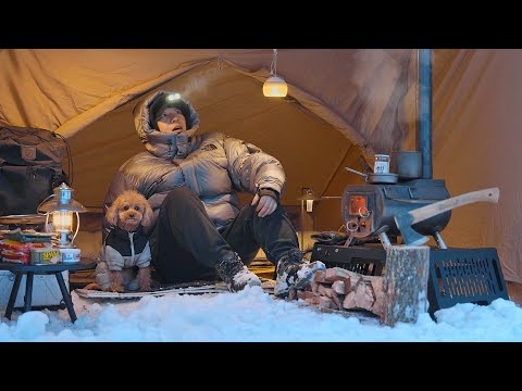Видео: Горячий снежный поход в палатке с моей собакой . Корейская паста Булдак . Дровяная печь ASMR