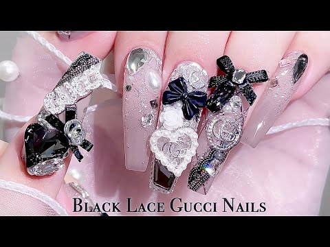 Видео: sub) Великолепные черные кружевные ногти Gucci🖤✨/🇰🇷Корейский маникюр / Нейл-арт / ASMR
