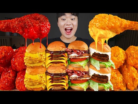 Видео: ASMR MUKBANG | гамбургер, Сырная палочка, Огненная лапша, жареная курица рецепт блюда принимать пищу