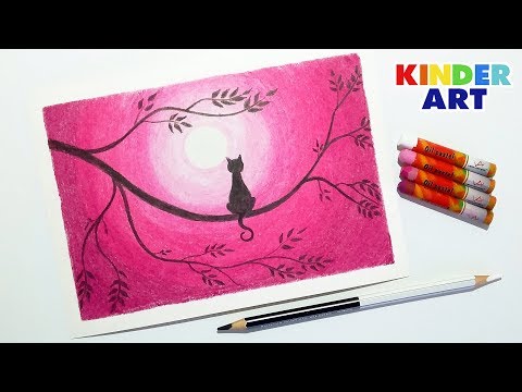 Видео: Кошка на ветке. Рисунок масляной пастелью поэтапно для начинающих