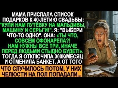 Видео: Мама хотела Мальдивы, машину и серьги на годовщину - я отказала, и тут началось самое интересное!