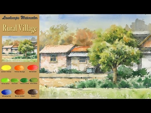 Видео: Без эскиза Пейзажная акварель - Сельская Деревня  (Arches rough) NAMIL ART