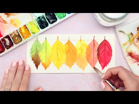 Видео: Красочные осенние листья, акварель, урок в реальном времени