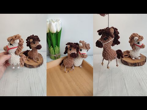 Видео: Лошадка брелок крючком, мини лошадь брелок крючком, Horse crochet tutorial