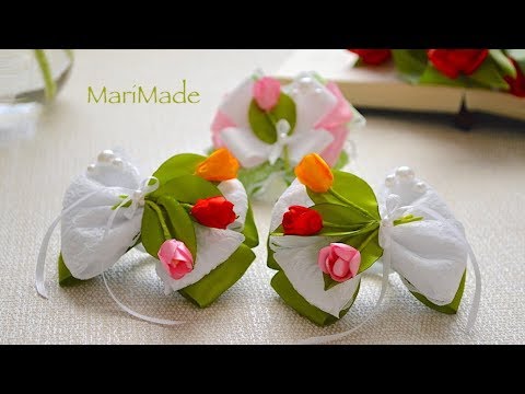 Видео: Тюльпаны Резинки Брошь Канзаши Цветы из Ленты Tulips Hair Bows