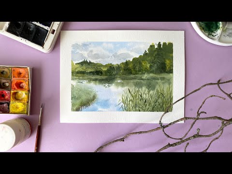 Видео: Просто рисуем пейзаж с лесом и болотом. Поэтапное рисование акварелью