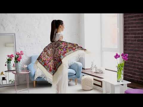 Видео: Платок шерстяной с шелковой бахромой "Утро туманное", вид 1, 146x146 см