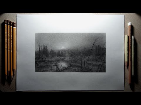 Видео: Рисуем карандашом Ночной пейзаж с луной и деревьями