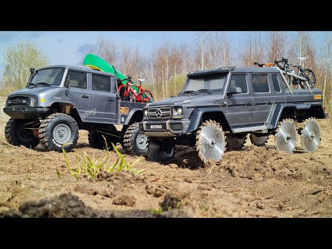 Видео: ГЕЛИК 6х6 на ПИЛАХ удивляет! ... Битва против UNIMOG 6x6. RC OFFRoad Traxxas , Axial