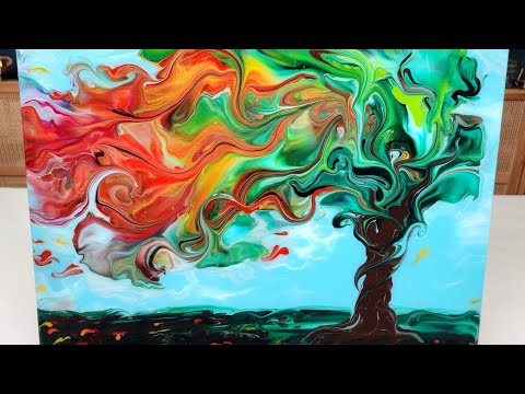 Видео: Красивое осеннее дерево🍂🍃Динамичный и Легкий пейзаж ~ Акриловая заливка | Абстрактное искусство