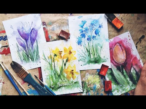 Видео: ПЕРВОЦВЕТЫ |Акварельные открытки к 8 марта| Рисуем просто крокус, пролесок, тюльпан, нарцисс🌱