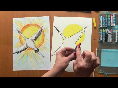 Видео: Рисуем летящего журавля масляной пастелью.