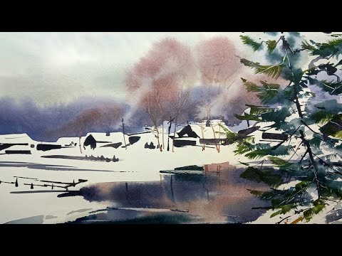 Видео: Зимняя деревенька, январь. Быстрая акварель, watercolor painting