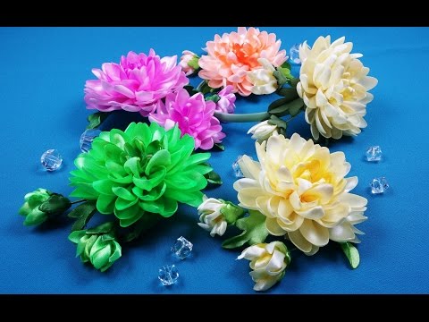 Видео: Ribbons Chrysanthemums/Crisantemos de cintas/Хризантемы из лент