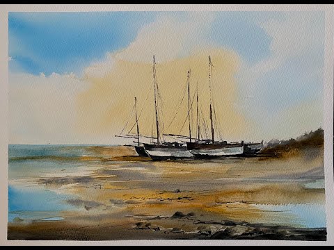 Видео: Рыбацкие лодки в Корнуолле, вдохновлённые Сиго, урок по рисованию акварелью морского пейзажа и не...