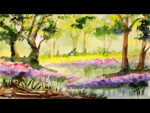 Видео: Курс рисования "Акварельная живопись" Начинающие. Урок 4-2.  Лесной пейзаж  Закрепление навыков.