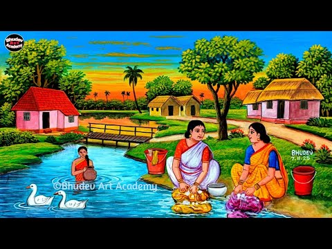 Видео: Живопись женщин индийской деревни | Живопись с красивым пейзажем индийской деревни акварелью Eart...