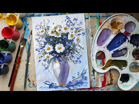 Видео: РОМАШКИ И ВАСИЛЬКИ гуашью