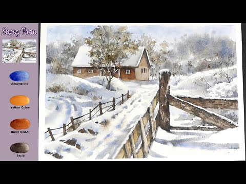 Видео: Всего 4 цвета  Акварель -  Снежная ферма  (просмотр имени цвета,  акварельный материал)