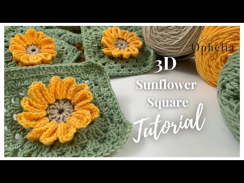 Видео: Узор крючком «Подсолнух» в виде бабушкиного квадрата // Урок по вязанию 3D-квадрата «Подсолнух»