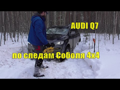 Видео: На СТОКЕ AUDI Q7 3.6 FSI QUATTRO по следам СОБОЛЯ 4х4 через заснеженный лес!!! Домкрат, бензопила!!!