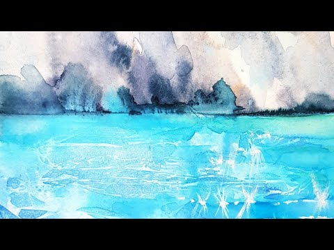 Видео: Как да нарисуваме лазурен морски бряг с бели скали с рисунка с акварел