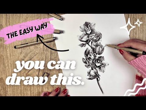 Видео: Простой способ рисовать сложные цветы ручкой и чернилами // Пошаговое рисование орхидеи