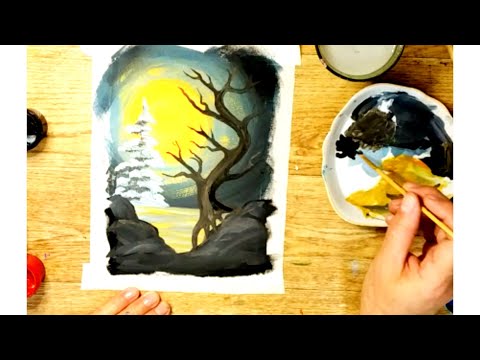 Видео: Пейзаж Дерево Луна 3 Как нарисовать пейзаж гуашью для начинающих / Ускоренная версия