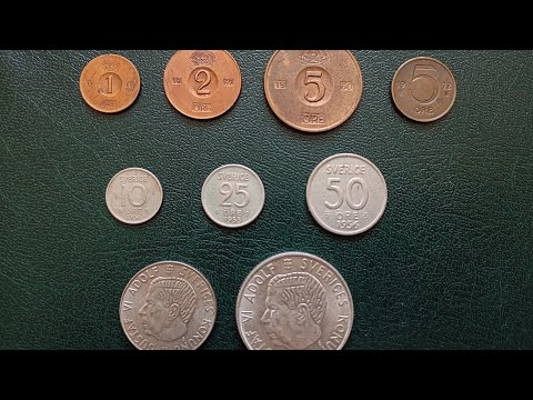 Видео: Швеція,король Густав 6 Адольф(1,2,5,10,25,50 ере,1,2 крони 1950-1973)