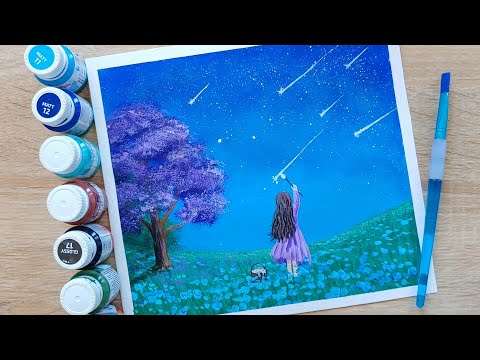 Видео: Как просто нарисовать ночной пейзаж / Рисунок акрилом для начинающих