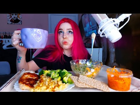 Видео: Шницель с макаронами, салатом  и брокколи мукбанг/еда на камеру mukbang