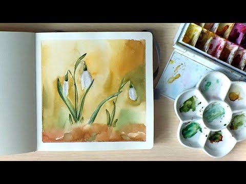 Видео: Картина акварелью Подснежники в скетчбуке.